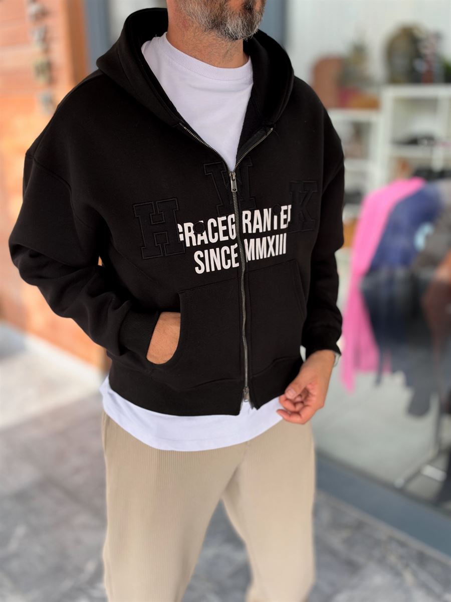 Black Zip-Up Sweatshirt with HWK Patch PM-222