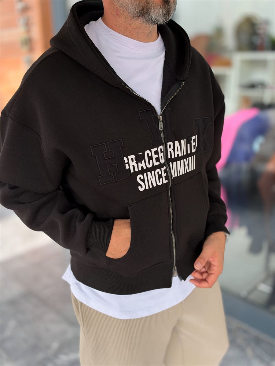 Black Zip-Up Sweatshirt with HWK Patch PM-222