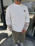 White Sweatshirt with Checkered Sleeve Details RES-5026