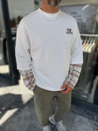 White Sweatshirt with Checkered Sleeve Details RES-5026