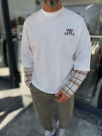 White Sweatshirt with Checkered Sleeve Details RES-5026
