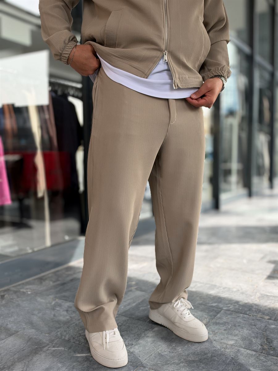 Beige Ribbed Baggy Trousers with Adjustable Waist MRK-2859