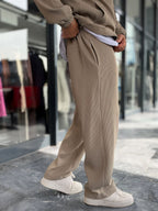 Beige Ribbed Baggy Trousers with Adjustable Waist MRK-2859