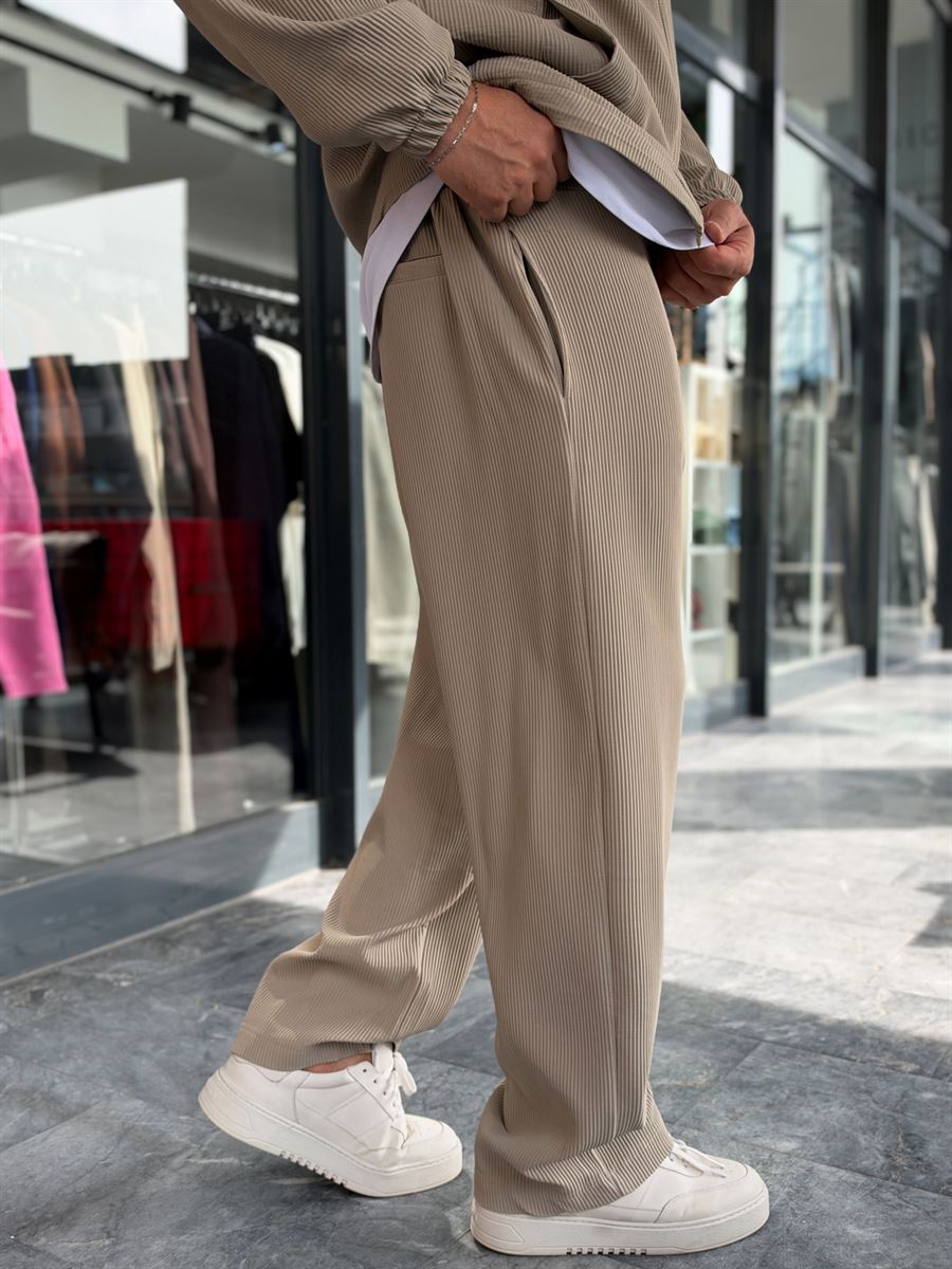 Beige Ribbed Baggy Trousers with Adjustable Waist MRK-2859