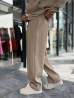 Beige Ribbed Baggy Trousers with Adjustable Waist MRK-2859