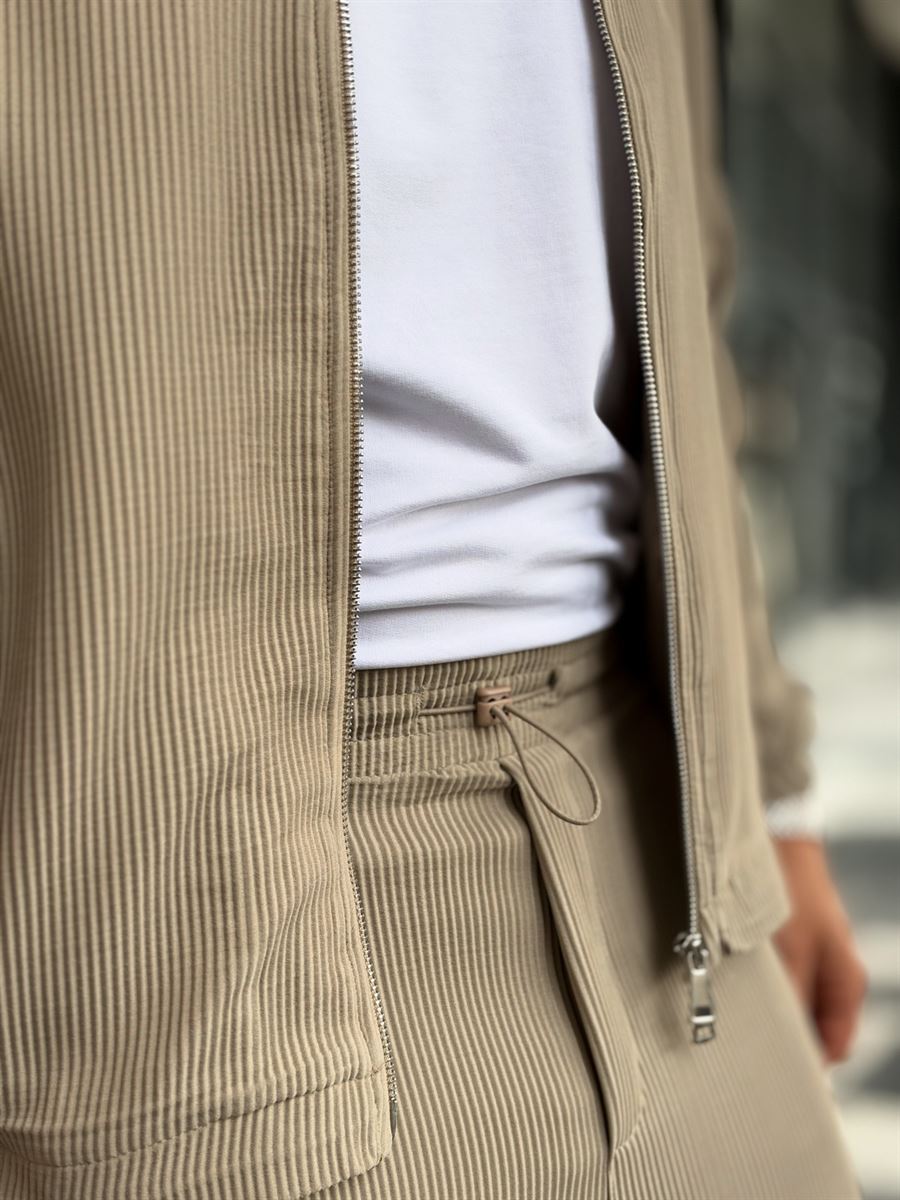 Beige Ribbed Baggy Trousers with Adjustable Waist MRK-2859