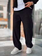 Black Ribbed Baggy Trousers with Adjustable Waist MRK-2859