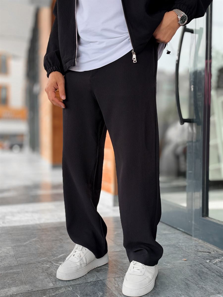 Black Ribbed Baggy Trousers with Adjustable Waist MRK-2859