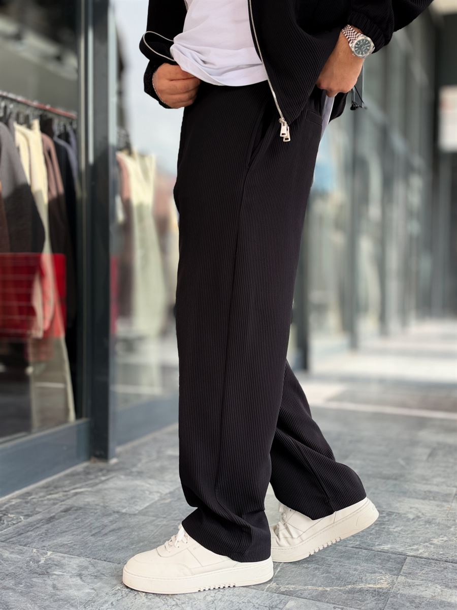 Black Ribbed Baggy Trousers with Adjustable Waist MRK-2859