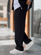Black Ribbed Baggy Trousers with Adjustable Waist MRK-2859