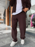 Brown Ribbed Baggy Trousers with Adjustable Waist MRK-2859