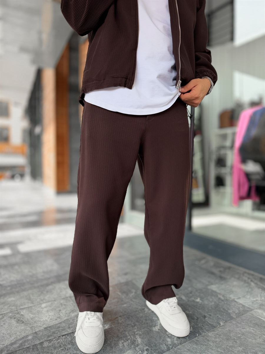 Brown Ribbed Baggy Trousers with Adjustable Waist MRK-2859