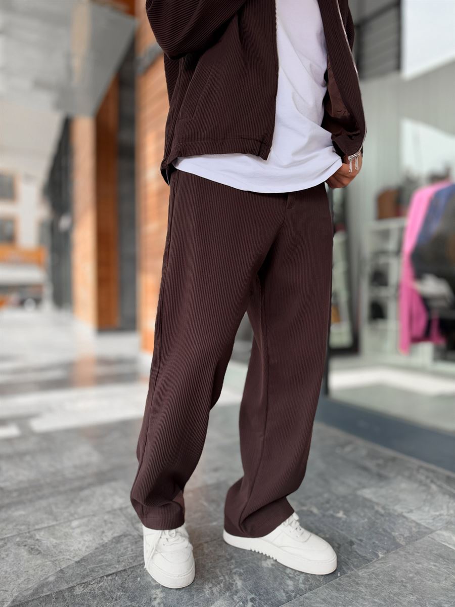 Brown Ribbed Baggy Trousers with Adjustable Waist MRK-2859