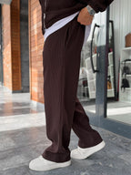 Brown Ribbed Baggy Trousers with Adjustable Waist MRK-2859