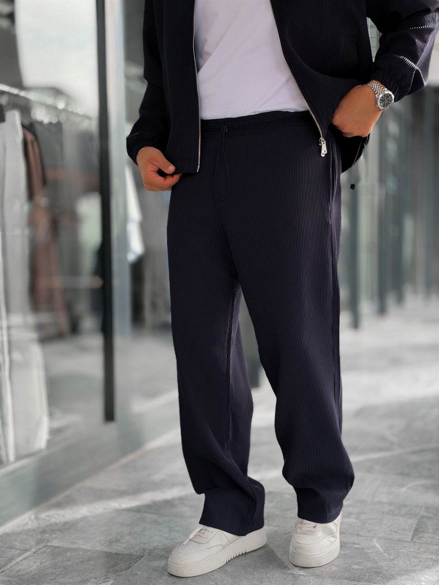 Navy Blue Ribbed Baggy Trousers with Adjustable Waist MRK-2859