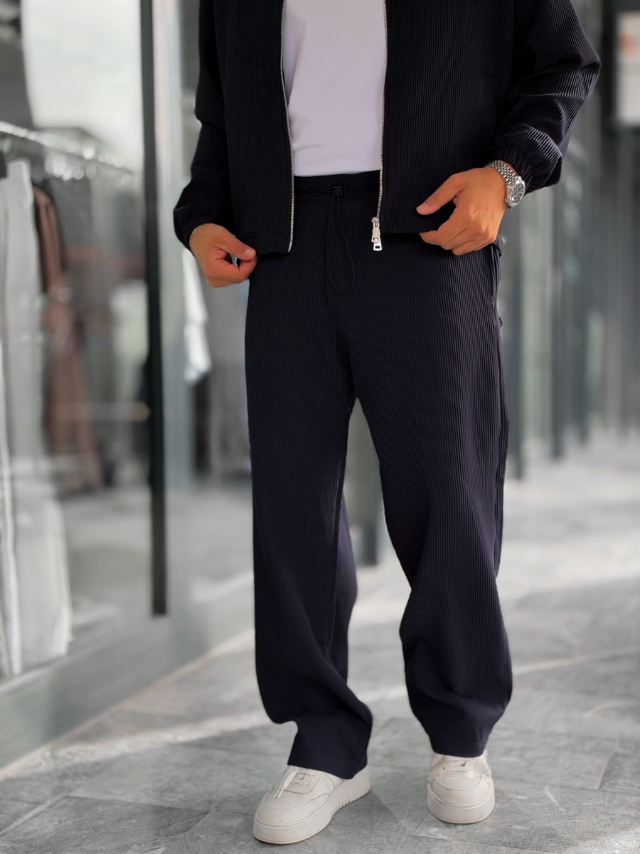 Navy Blue Ribbed Baggy Trousers with Adjustable Waist MRK-2859
