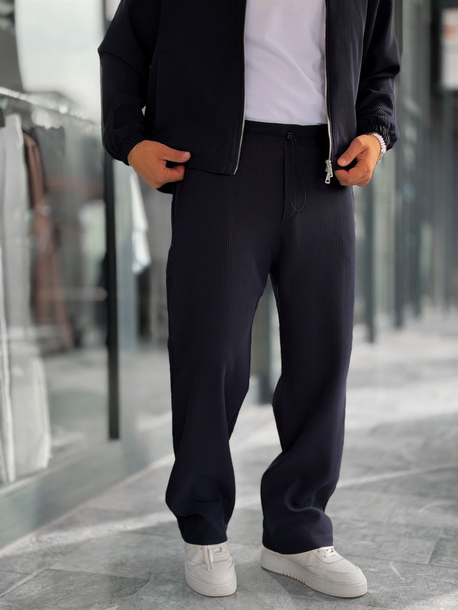 Navy Blue Ribbed Baggy Trousers with Adjustable Waist MRK-2859