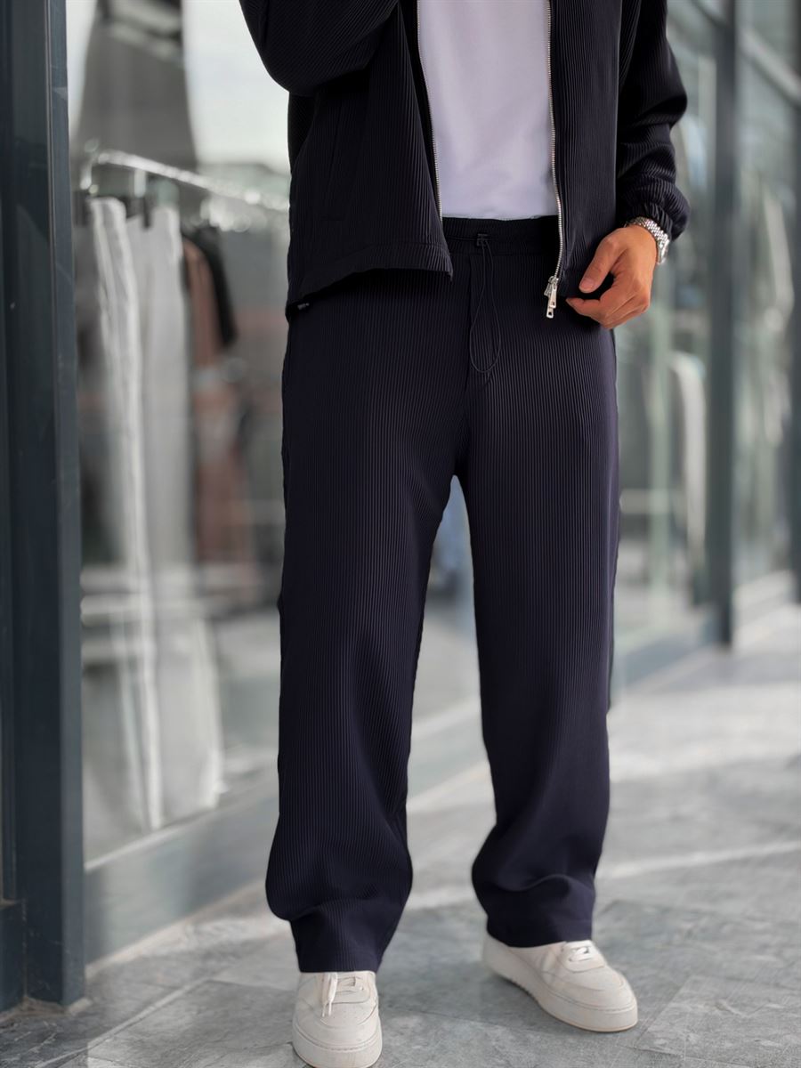 Navy Blue Ribbed Baggy Trousers with Adjustable Waist MRK-2859