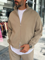 Beige Ribbed Jacket with Adjustable Hem MRK-2858