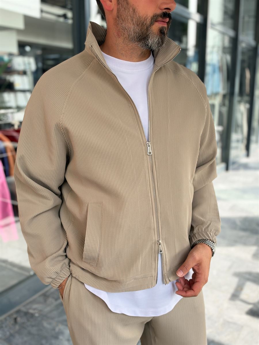 Beige Ribbed Jacket with Adjustable Hem MRK-2858