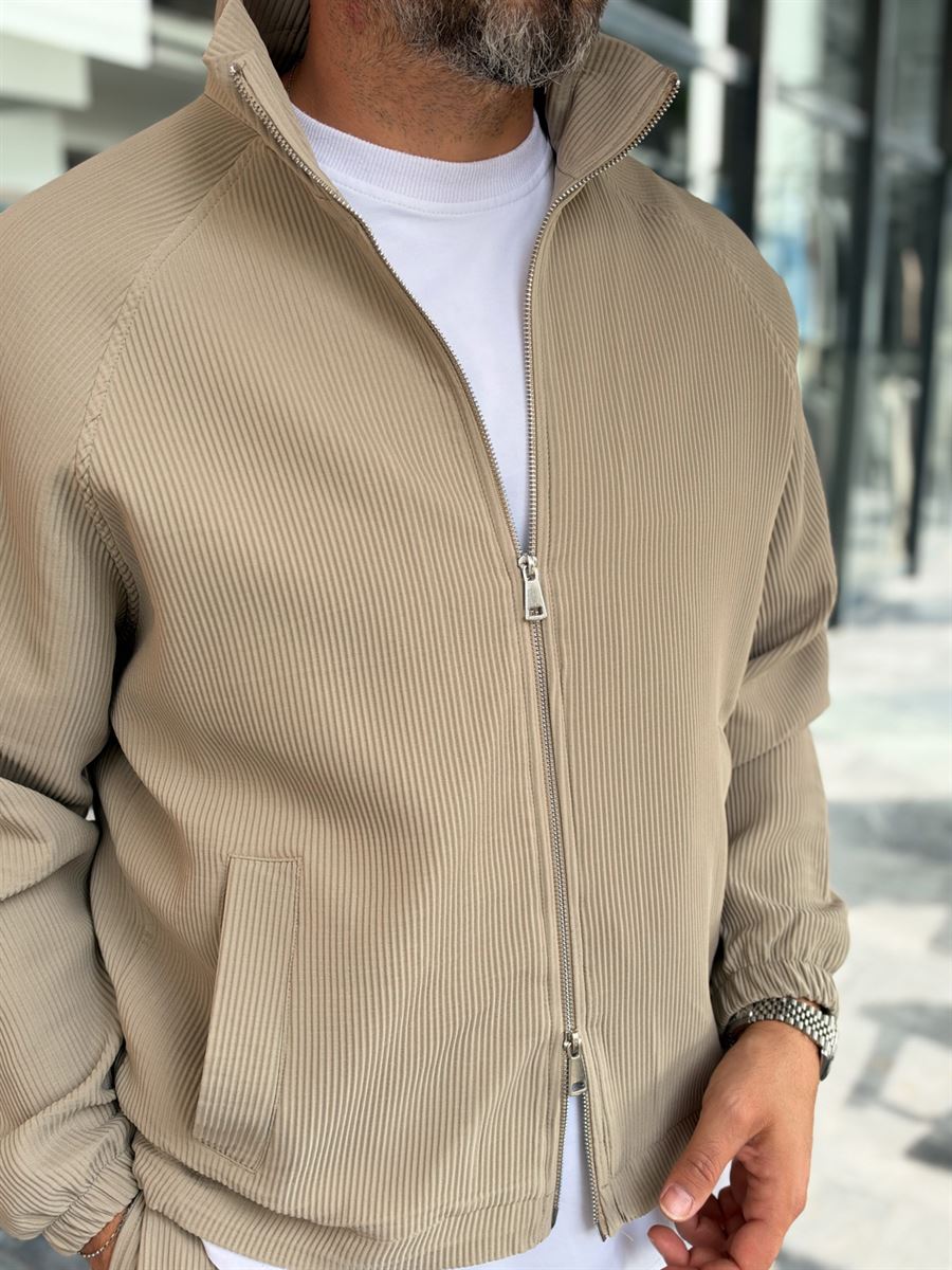 Beige Ribbed Jacket with Adjustable Hem MRK-2858
