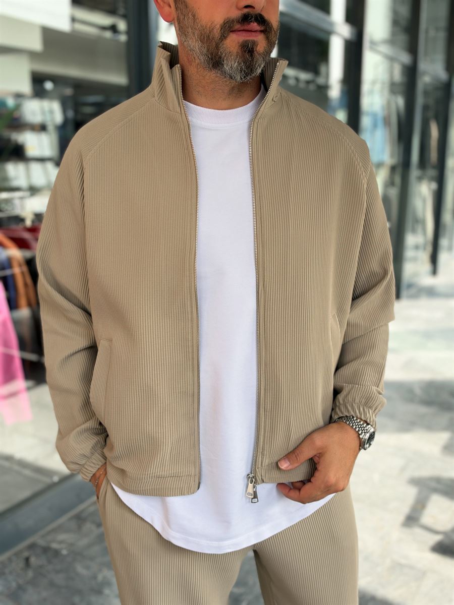 Beige Ribbed Jacket with Adjustable Hem MRK-2858