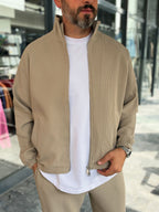 Beige Ribbed Jacket with Adjustable Hem MRK-2858
