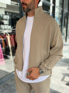 Beige Ribbed Jacket with Adjustable Hem MRK-2858