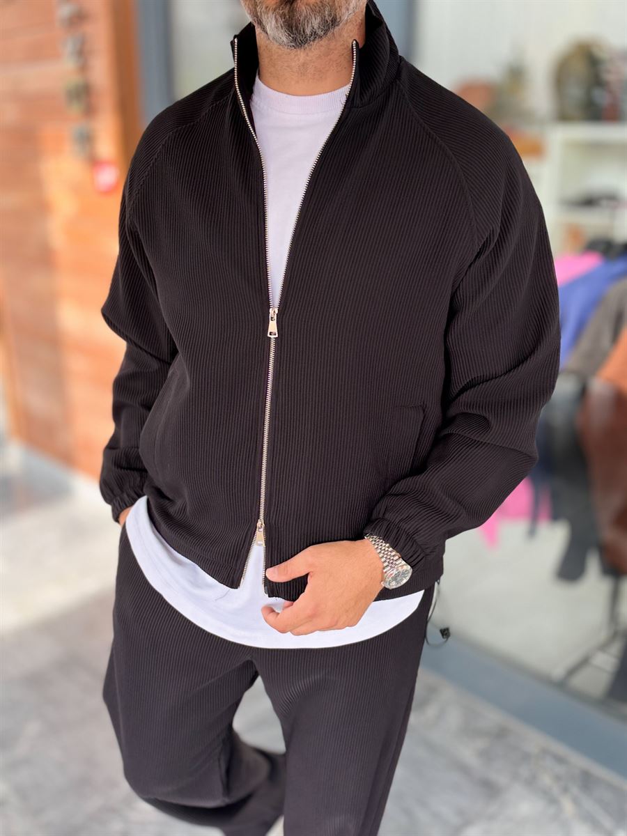Black Ribbed Jacket with Adjustable Hem MRK-2858