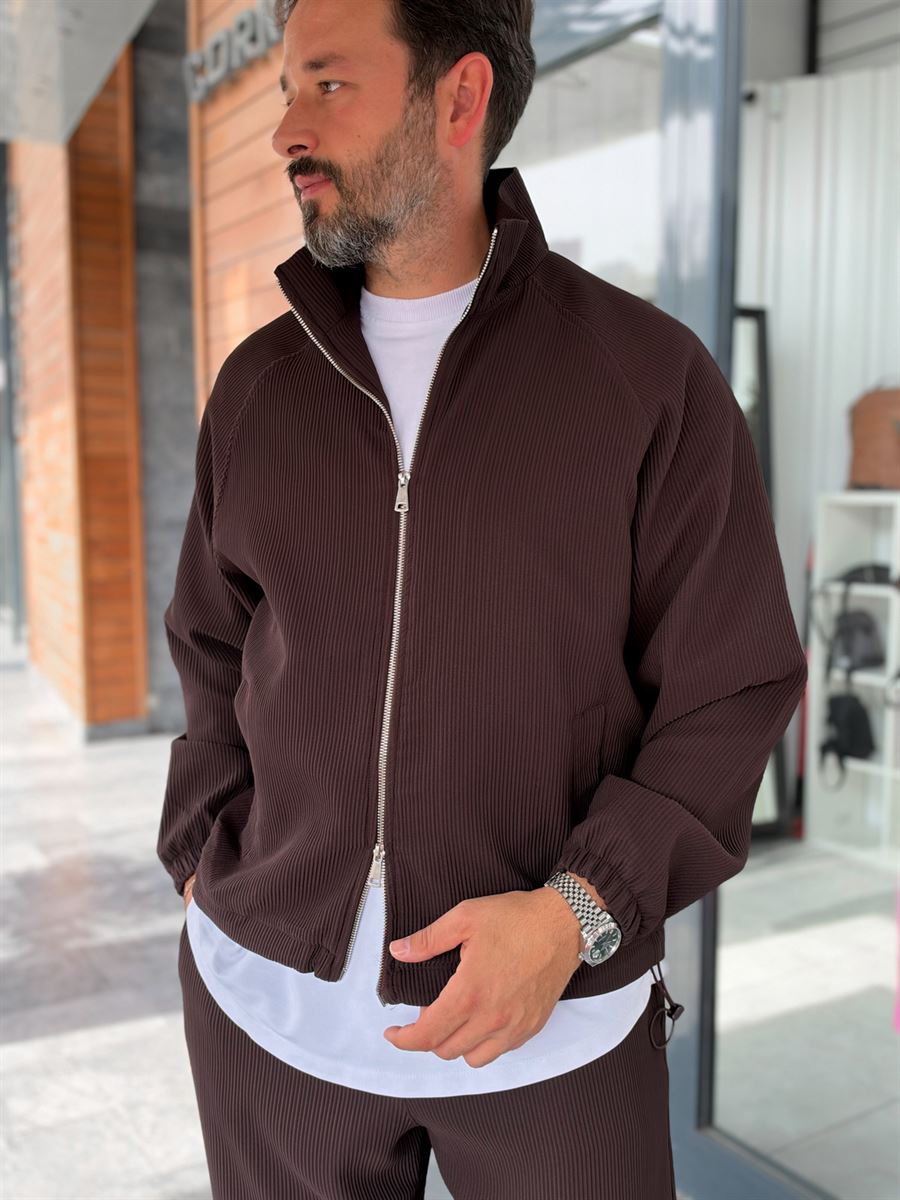 Brown Ribbed Jacket with Adjustable Hem MRK-2858