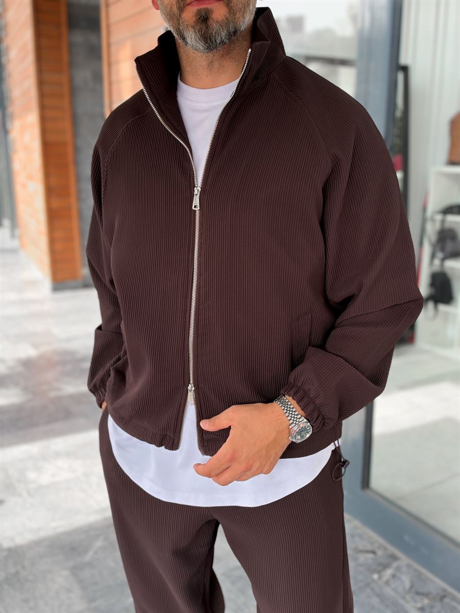 Brown Ribbed Jacket with Adjustable Hem MRK-2858