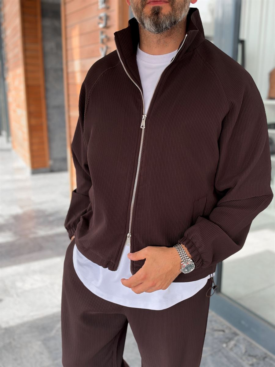 Brown Ribbed Jacket with Adjustable Hem MRK-2858