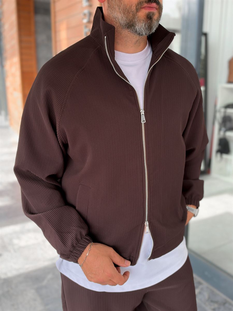 Brown Ribbed Jacket with Adjustable Hem MRK-2858
