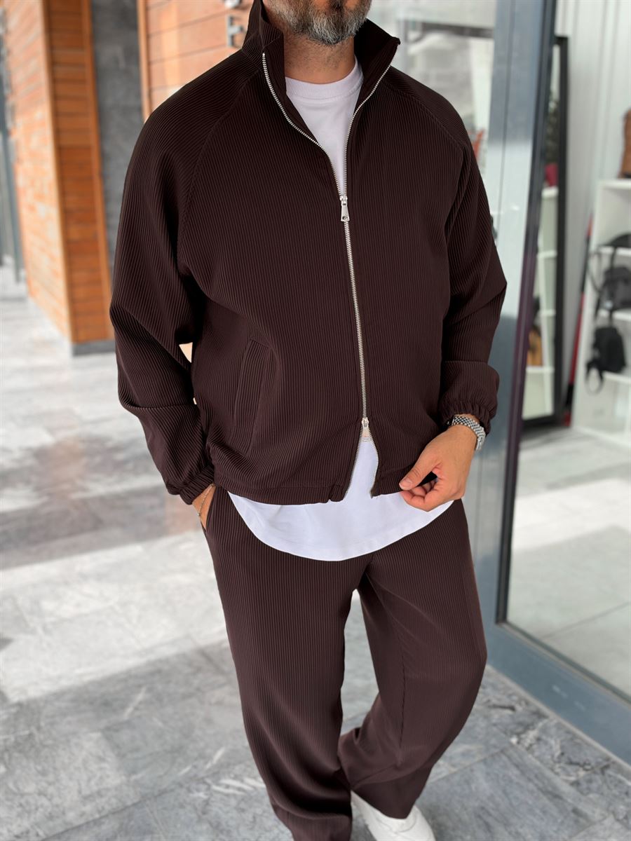 Brown Ribbed Jacket with Adjustable Hem MRK-2858