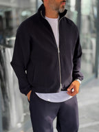 Navy Blue Ribbed Jacket with Adjustable Hem MRK-2858
