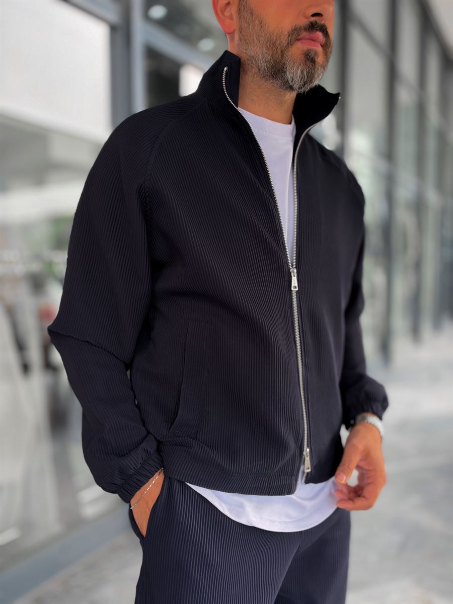Navy Blue Ribbed Jacket with Adjustable Hem MRK-2858