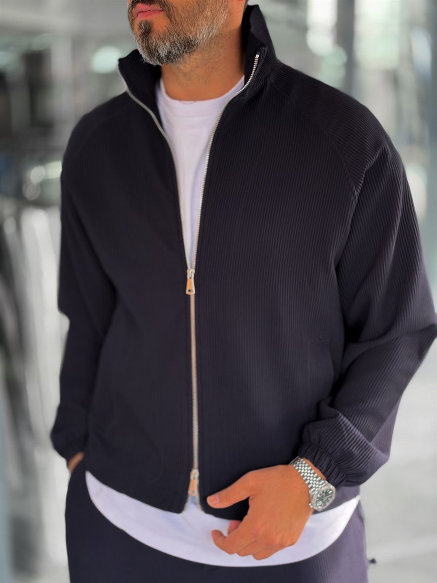Navy Blue Ribbed Jacket with Adjustable Hem MRK-2858