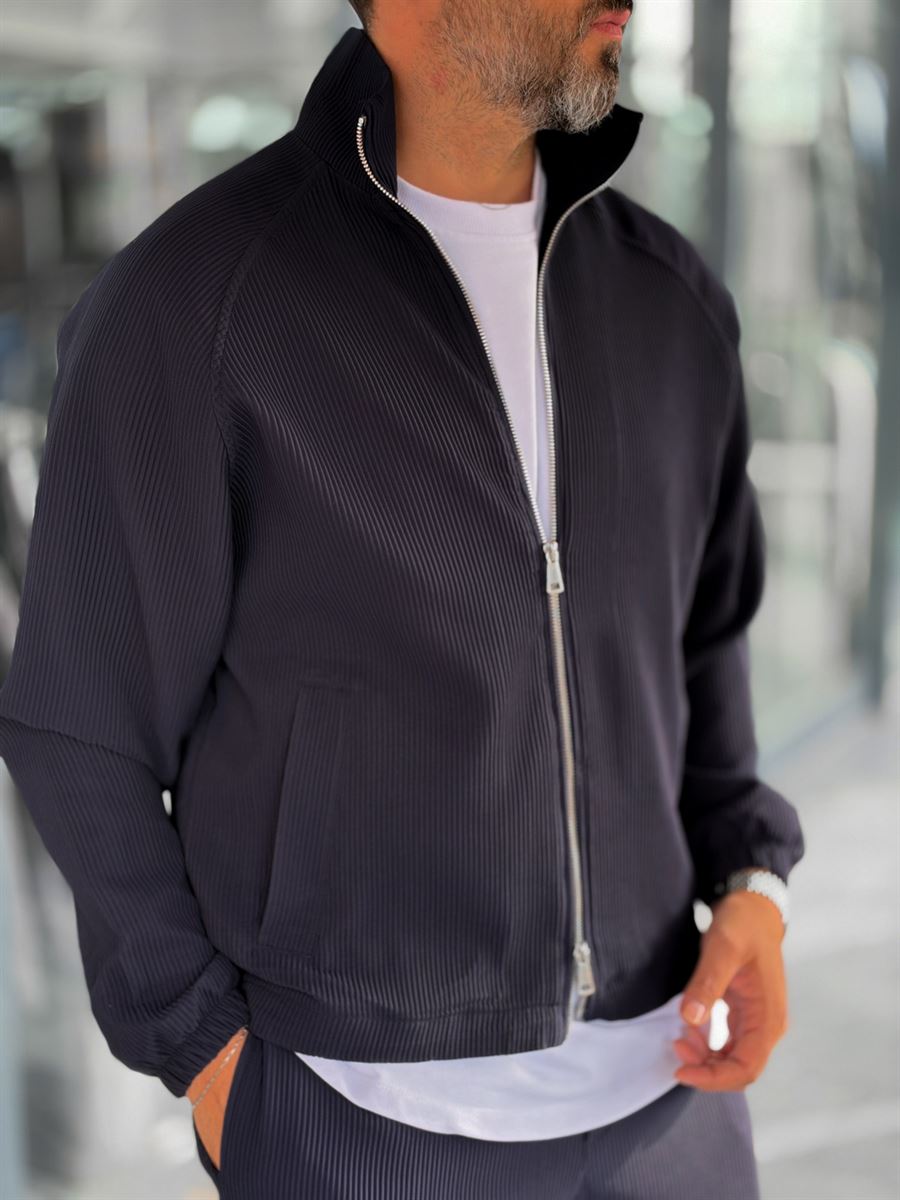 Navy Blue Ribbed Jacket with Adjustable Hem MRK-2858