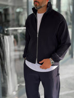 Navy Blue Ribbed Jacket with Adjustable Hem MRK-2858