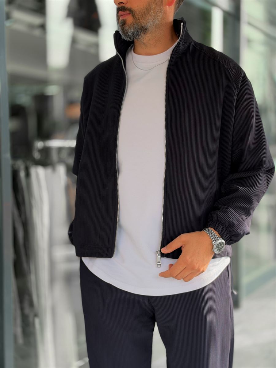 Navy Blue Ribbed Jacket with Adjustable Hem MRK-2858