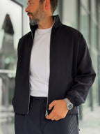 Navy Blue Ribbed Jacket with Adjustable Hem MRK-2858