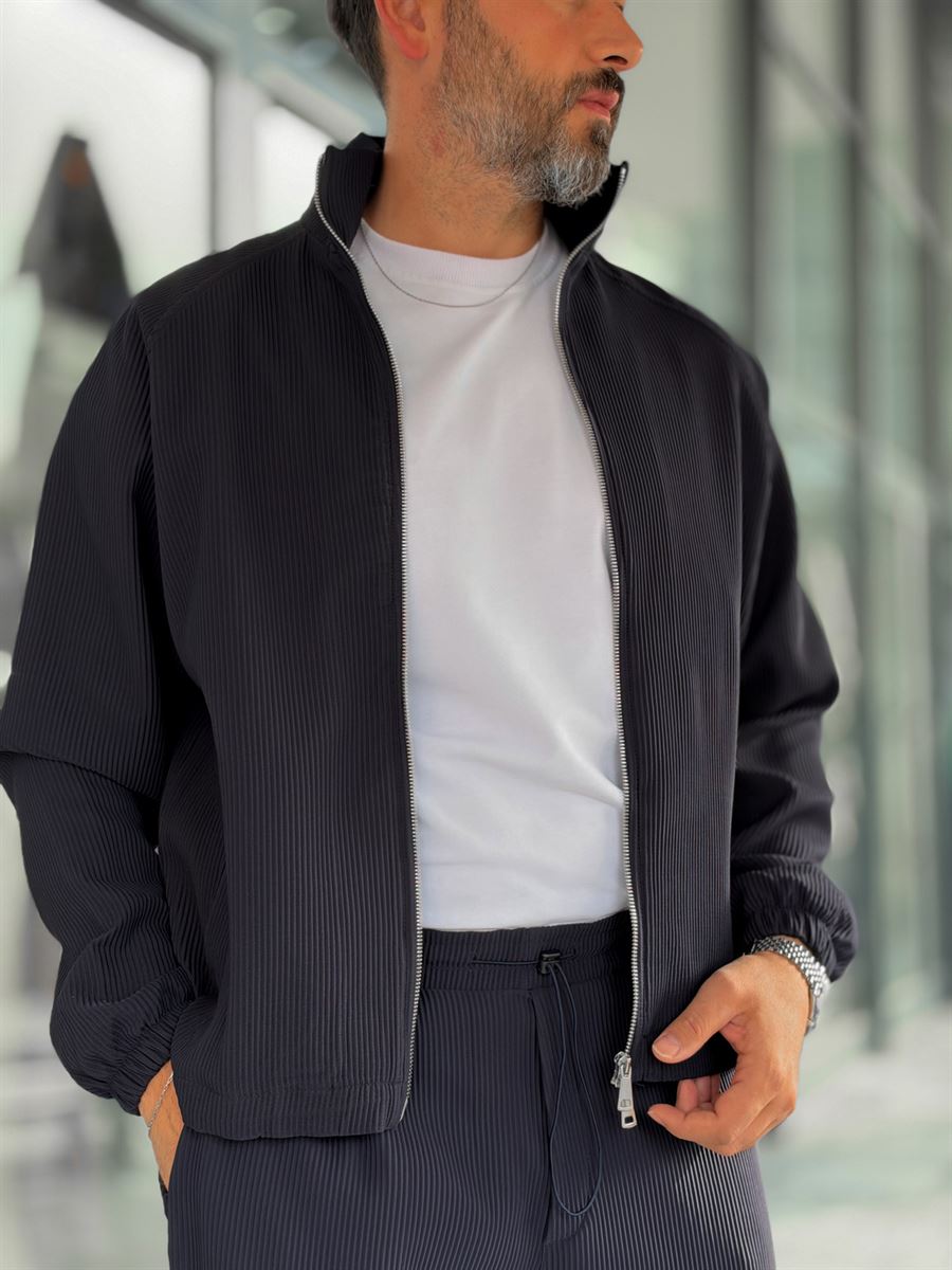 Navy Blue Ribbed Jacket with Adjustable Hem MRK-2858