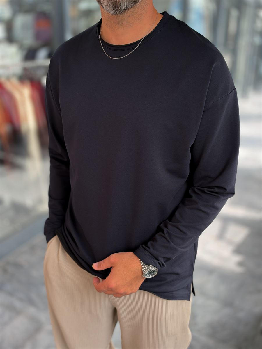 Navy Blue Oversized Sweatshirt with Cut-Out Neckline MRK-0595