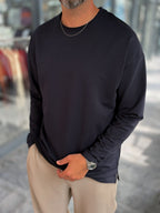 Navy Blue Oversized Sweatshirt with Cut-Out Neckline MRK-0595