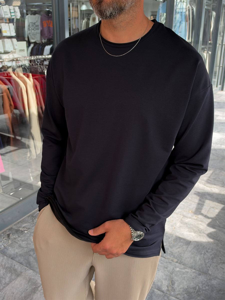 Navy Blue Oversized Sweatshirt with Cut-Out Neckline MRK-0595
