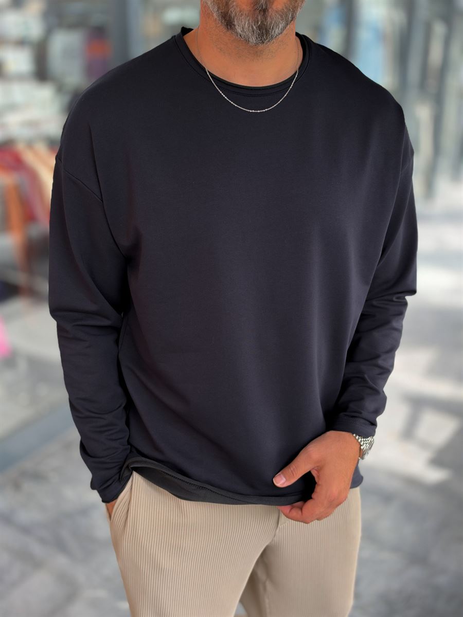 Navy Blue Oversized Sweatshirt with Cut-Out Neckline MRK-0595
