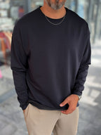 Navy Blue Oversized Sweatshirt with Cut-Out Neckline MRK-0595