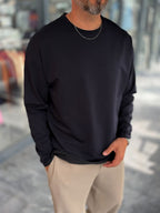 Navy Blue Oversized Sweatshirt with Cut-Out Neckline MRK-0595