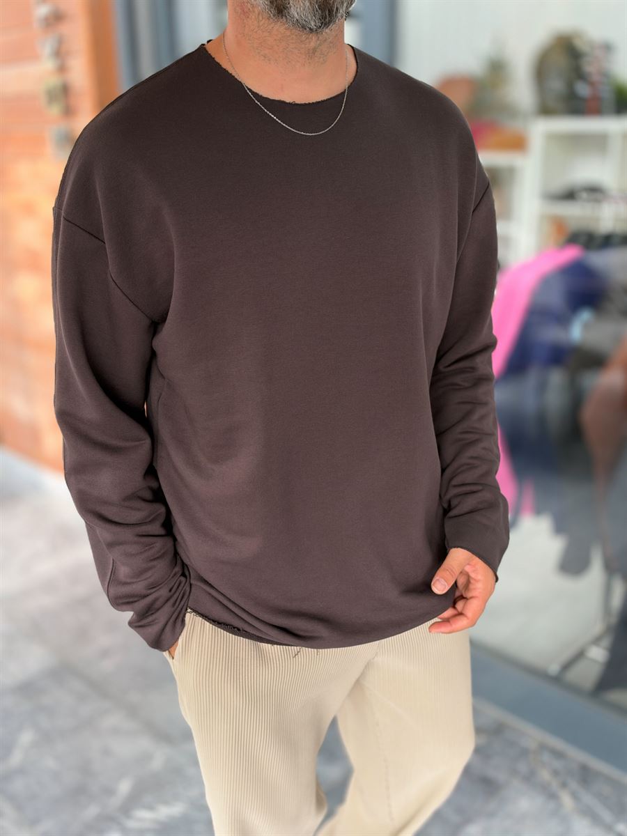 Brown Oversized Sweatshirt with Distressed Collar MRK-2617