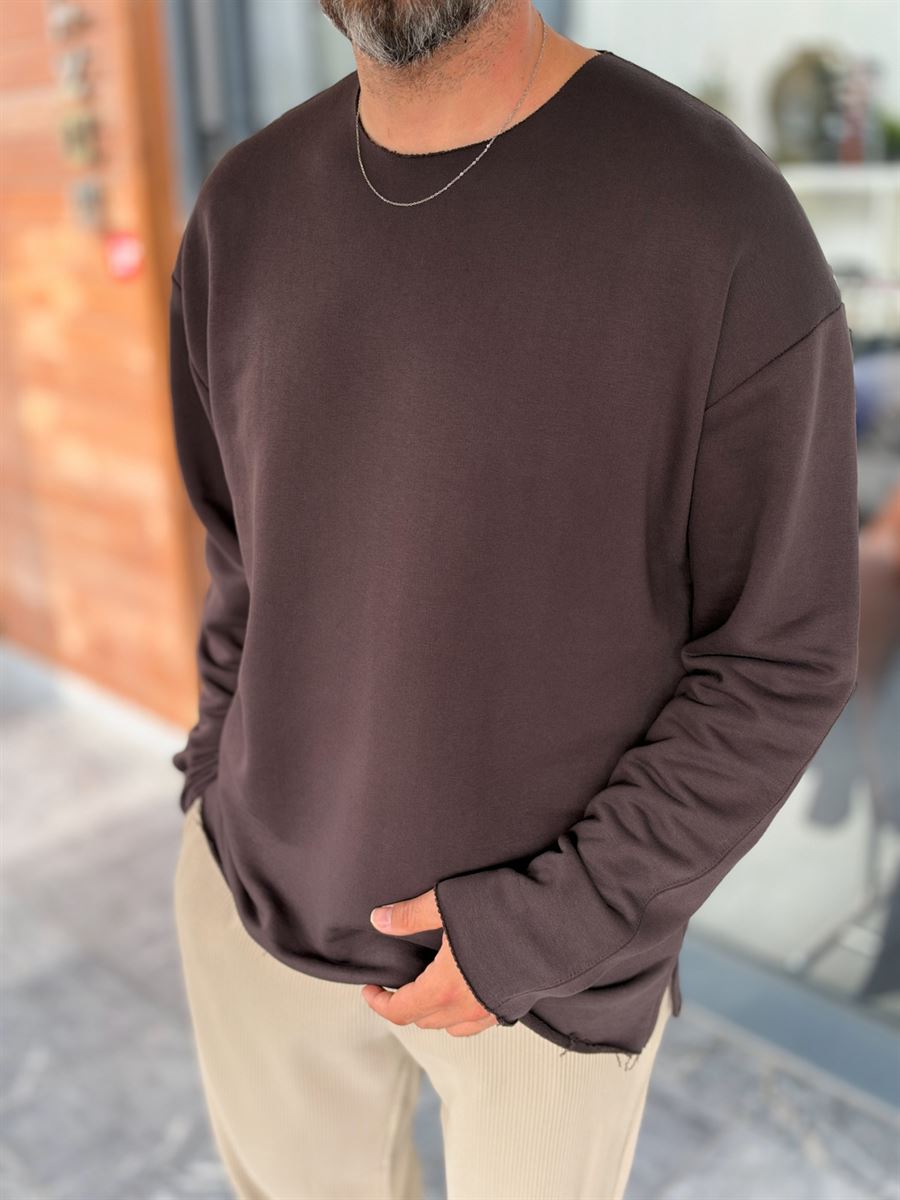 Brown Oversized Sweatshirt with Distressed Collar MRK-2617
